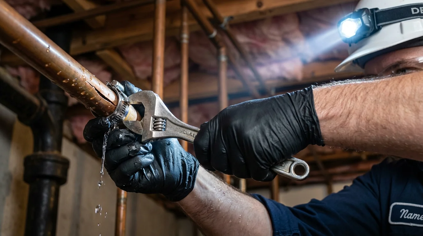 Emergency pipe clamp repair being performed by a Johns Plumbing LLC plumber in Parsons