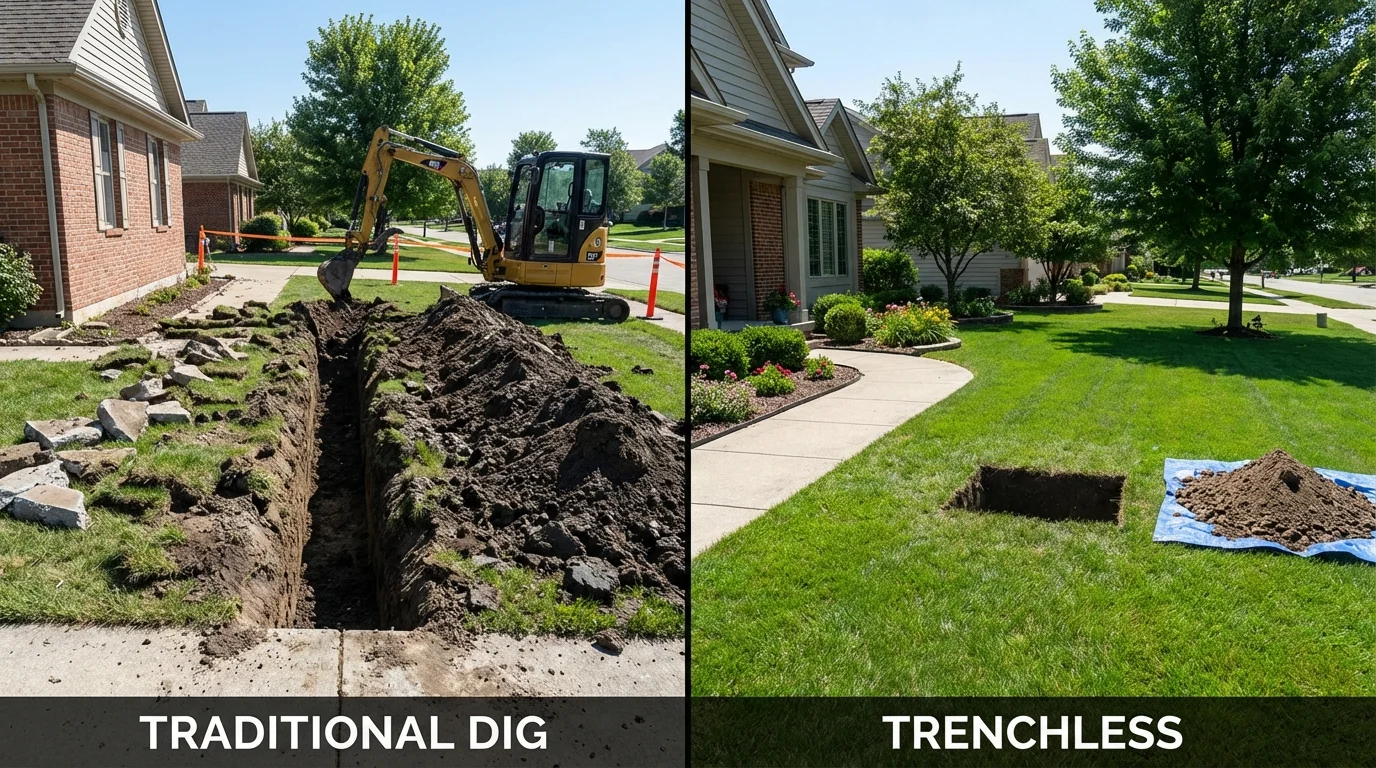 Trenchless sewer repair with minimal yard damage versus traditional excavation in Parsons, TN